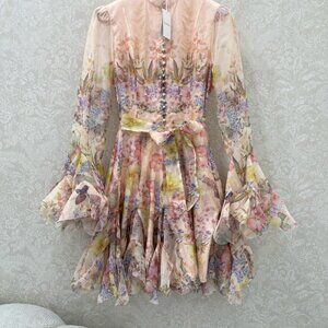 Zimmermann Cascadian Ruffle Mini Dress – Floral Watercolor Silk / Cotton Blend